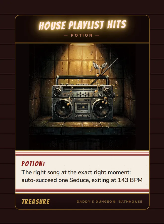 House Playlist Hits, a potion card from the Treasure deck of Daddy’s Dungeon: Bathhouse