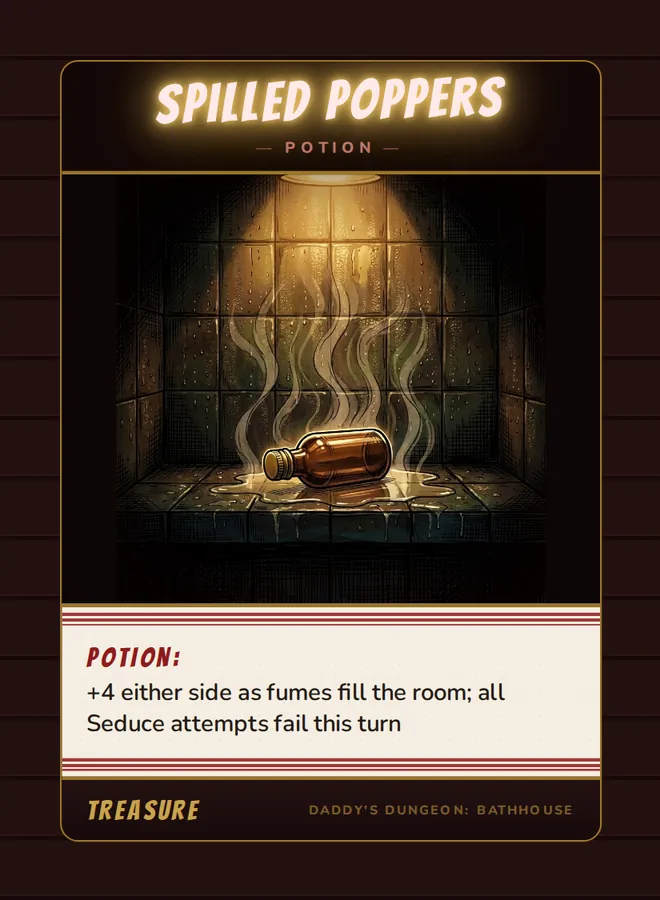Spilled Poppers, a potion card from the Treasure deck of Daddy’s Dungeon: Bathhouse