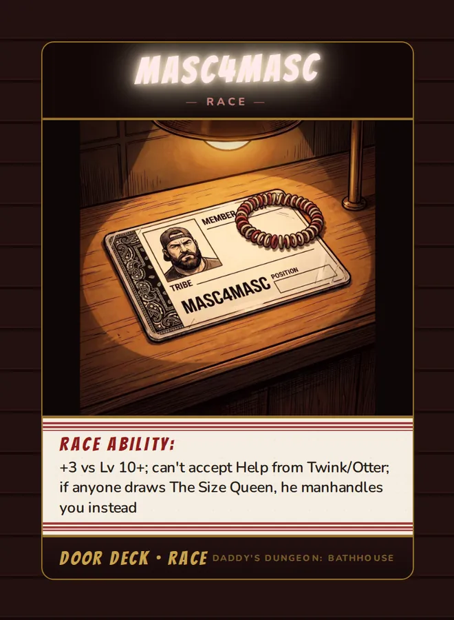 Masc4Masc, a race card from the Door deck of Daddy’s Dungeon: Bathhouse