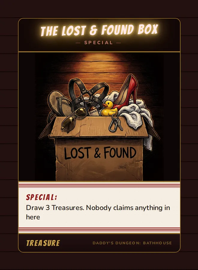 The Lost & Found Box, a special card from the Treasure deck of Daddy’s Dungeon: Bathhouse
