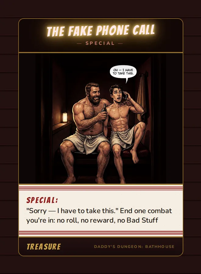 The Fake Phone Call, a special card from the Treasure deck of Daddy’s Dungeon: Bathhouse