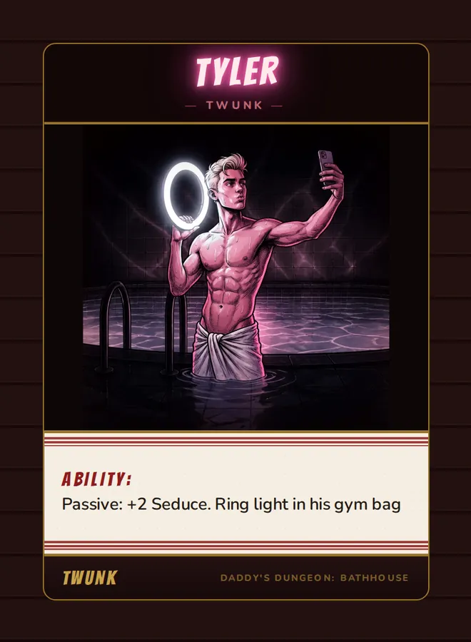 Tyler, a twunk card from the Twunk deck of Daddy’s Dungeon: Bathhouse