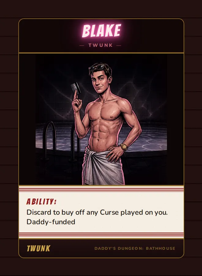 Blake, a twunk card from the Twunk deck of Daddy’s Dungeon: Bathhouse