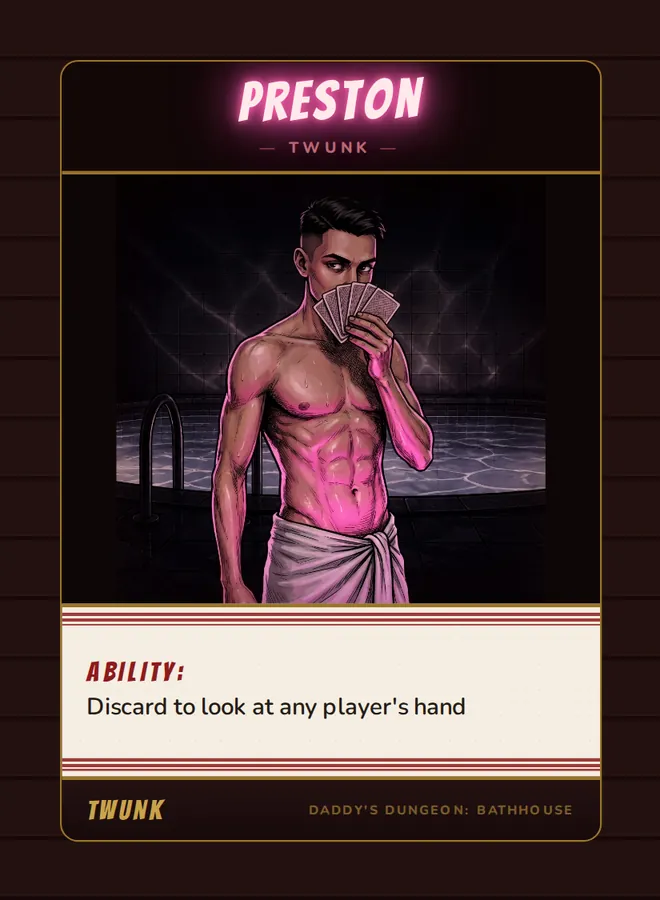 Preston, a twunk card from the Twunk deck of Daddy’s Dungeon: Bathhouse
