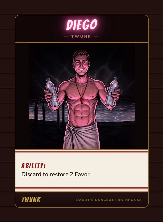 Diego, a twunk card from the Twunk deck of Daddy’s Dungeon: Bathhouse