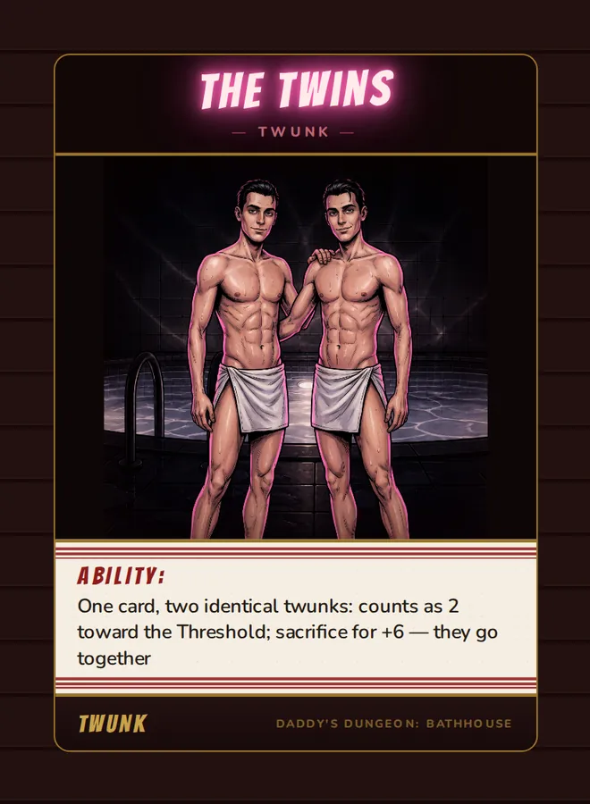 The Twins, a twunk card from the Twunk deck of Daddy’s Dungeon: Bathhouse
