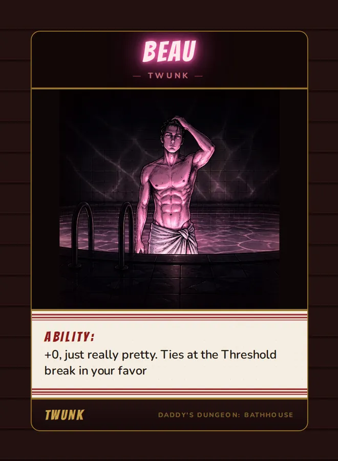 Beau, a twunk card from the Twunk deck of Daddy’s Dungeon: Bathhouse