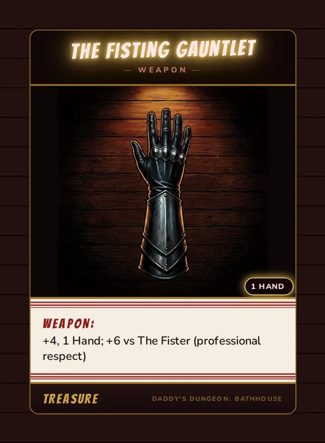 The Fisting Gauntlet, a weapon card from the Treasure deck of Daddy’s Dungeon: Bathhouse