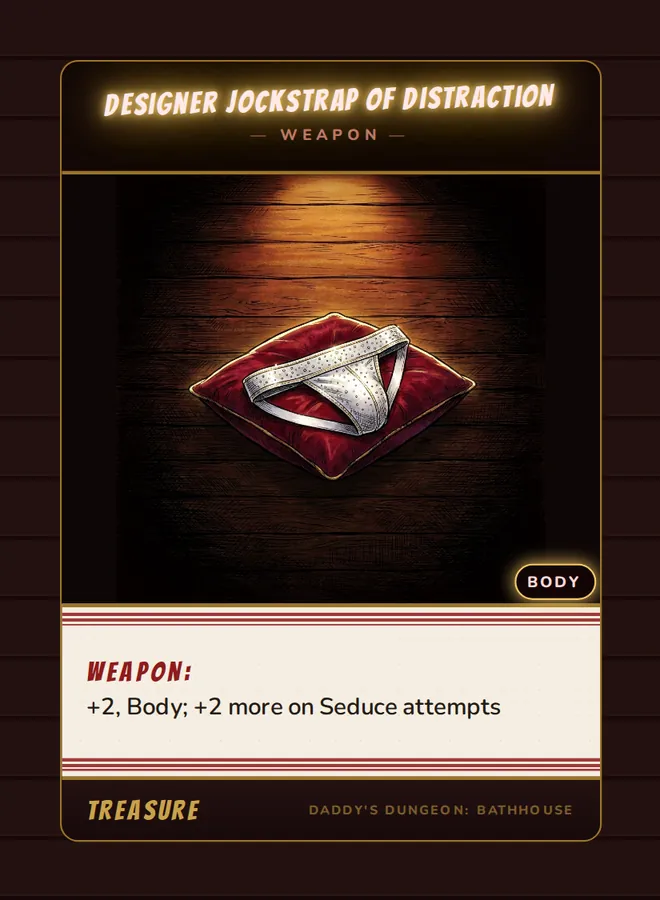Designer Jockstrap of Distraction, a weapon card from the Treasure deck of Daddy’s Dungeon: Bathhouse