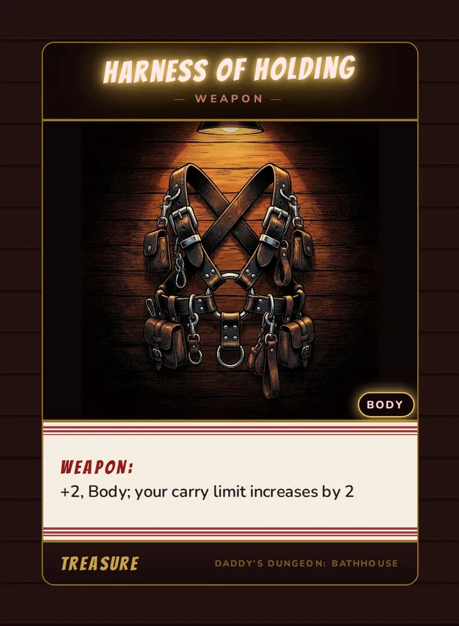 Harness of Holding, a weapon card from the Treasure deck of Daddy’s Dungeon: Bathhouse