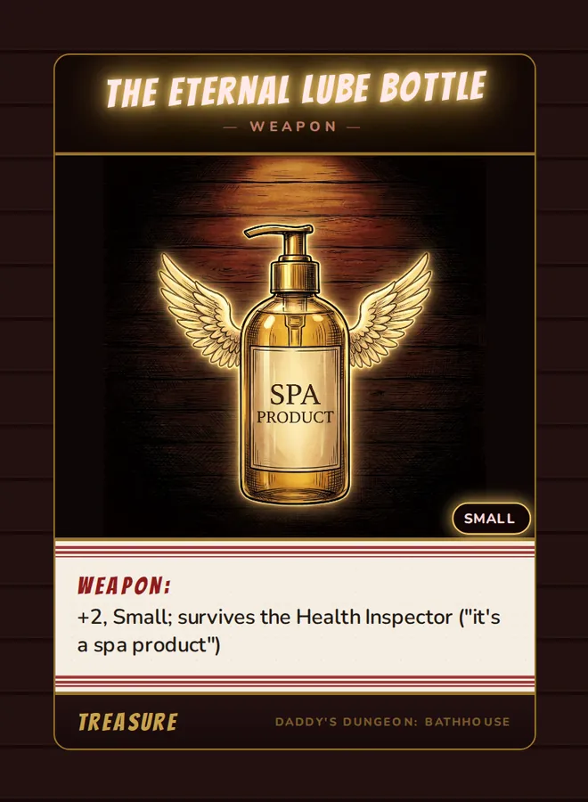 The Eternal Lube Bottle, a weapon card from the Treasure deck of Daddy’s Dungeon: Bathhouse