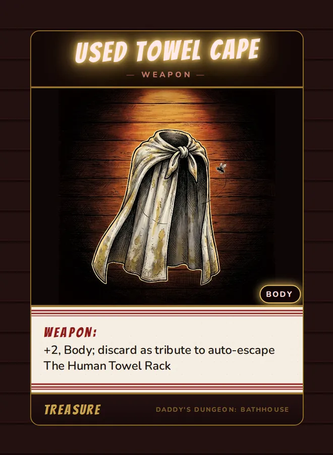 Used Towel Cape, a weapon card from the Treasure deck of Daddy’s Dungeon: Bathhouse