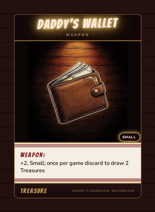 Daddy's Wallet, a weapon card from the Treasure deck of Daddy’s Dungeon: Bathhouse