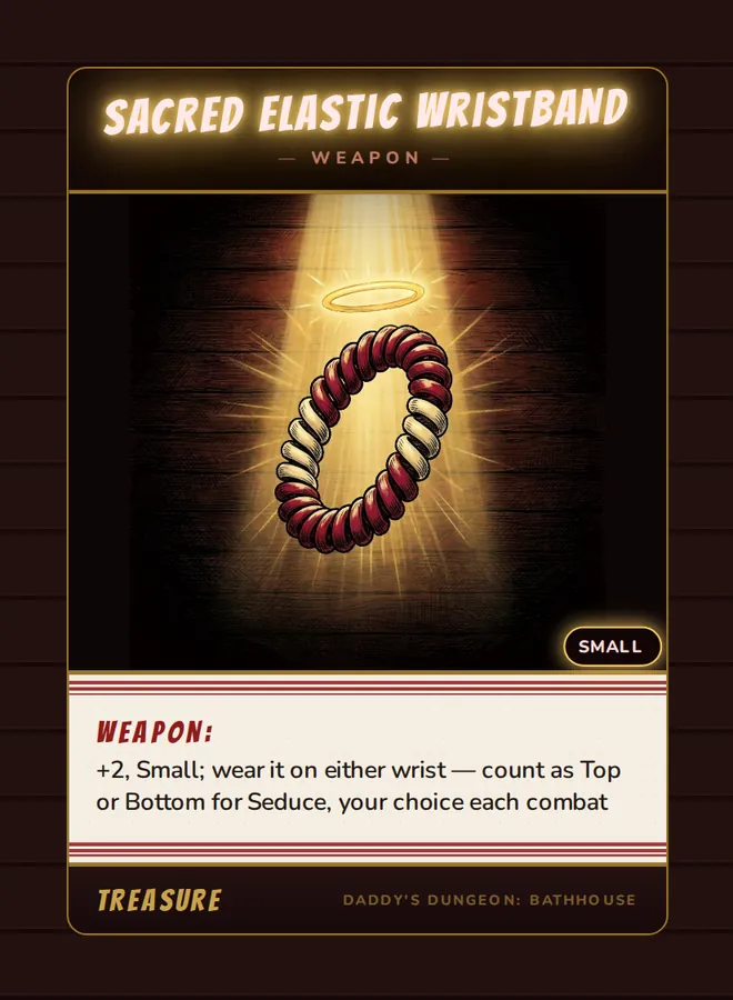 Sacred Elastic Wristband, a weapon card from the Treasure deck of Daddy’s Dungeon: Bathhouse