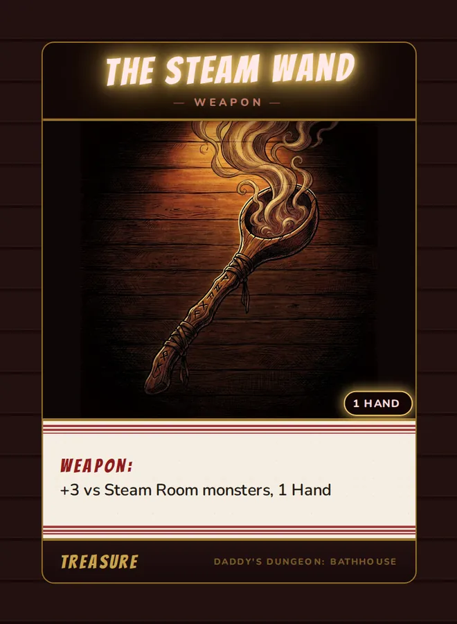 The Steam Wand, a weapon card from the Treasure deck of Daddy’s Dungeon: Bathhouse
