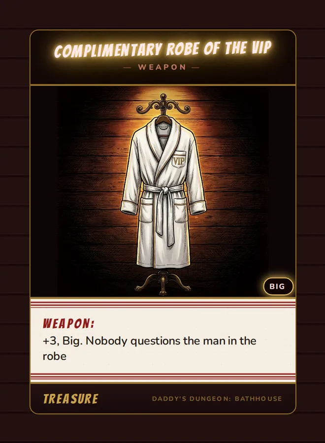 Complimentary Robe of the VIP, a weapon card from the Treasure deck of Daddy’s Dungeon: Bathhouse
