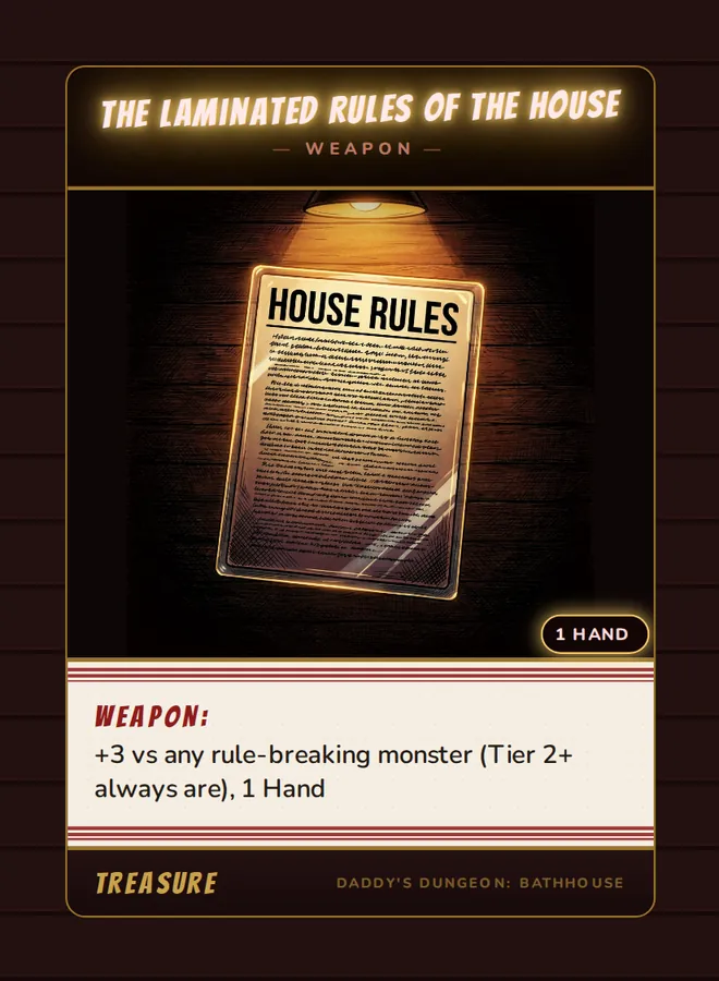 The Laminated Rules of the House, a weapon card from the Treasure deck of Daddy’s Dungeon: Bathhouse