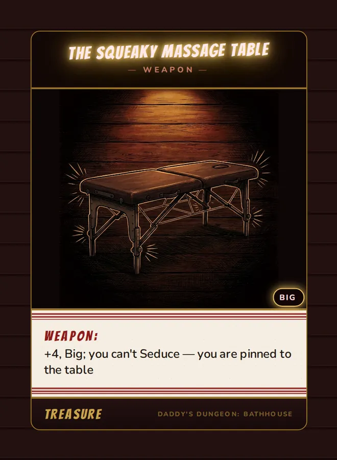 The Squeaky Massage Table, a weapon card from the Treasure deck of Daddy’s Dungeon: Bathhouse