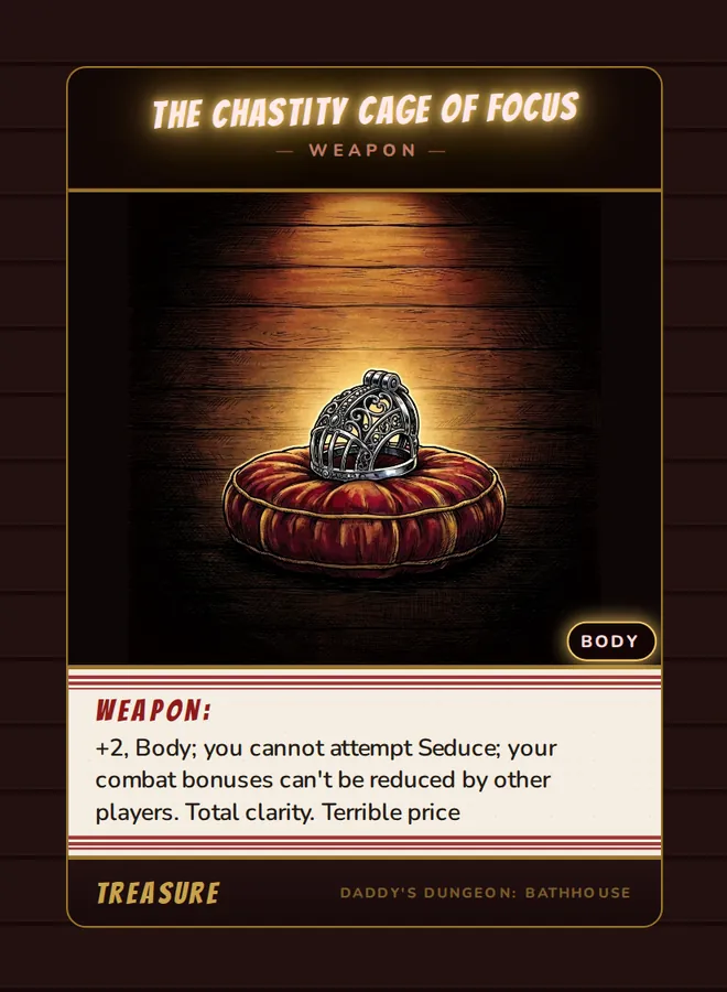 The Chastity Cage of Focus, a weapon card from the Treasure deck of Daddy’s Dungeon: Bathhouse