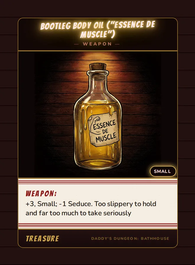 Bootleg Body Oil ("Essence de Muscle"), a weapon card from the Treasure deck of Daddy’s Dungeon: Bathhouse