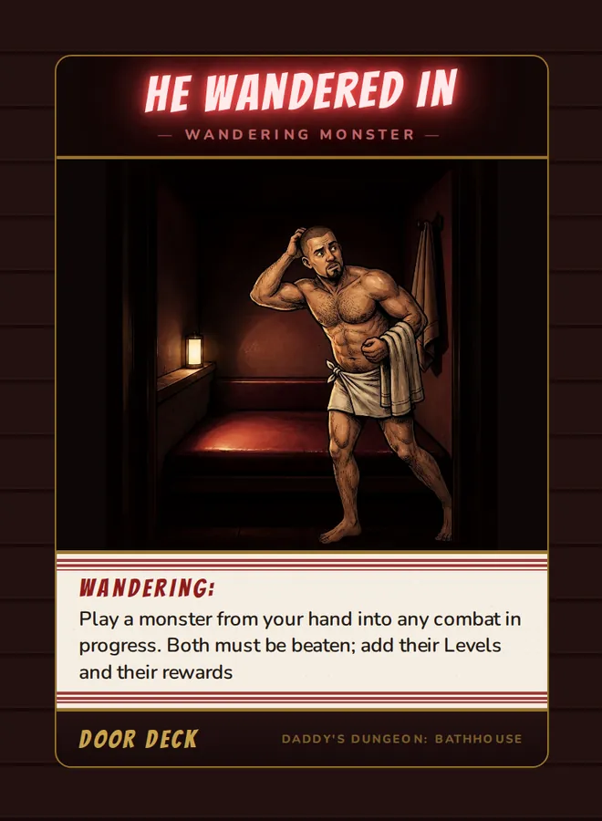 He Wandered In, a wandering monster card from the Door deck of Daddy’s Dungeon: Bathhouse