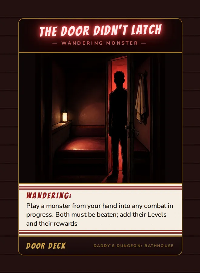The Door Didn't Latch, a wandering monster card from the Door deck of Daddy’s Dungeon: Bathhouse