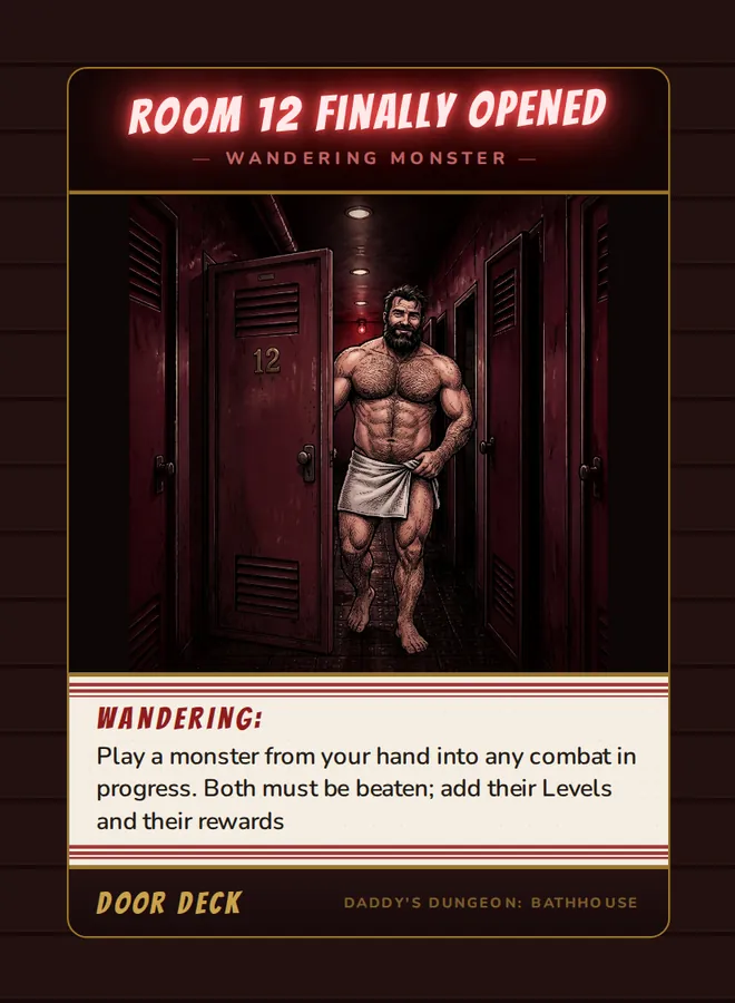 Room 12 Finally Opened, a wandering monster card from the Door deck of Daddy’s Dungeon: Bathhouse