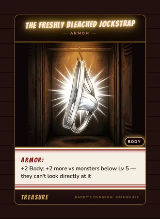 The Freshly Bleached Jockstrap, a armor card from the Treasure deck of Daddy’s Dungeon: Bathhouse