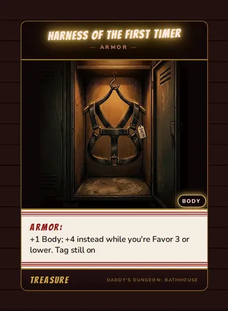 Harness of the First Timer, a armor card from the Treasure deck of Daddy’s Dungeon: Bathhouse