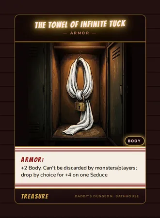 The Towel of Infinite Tuck, a armor card from the Treasure deck of Daddy’s Dungeon: Bathhouse