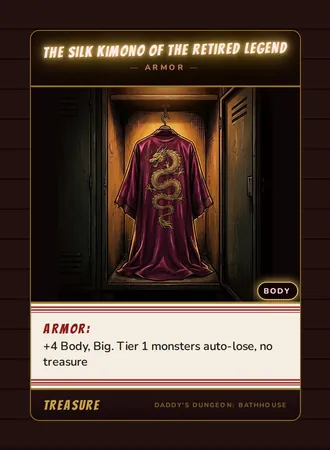 The Silk Kimono of the Retired Legend, a armor card from the Treasure deck of Daddy’s Dungeon: Bathhouse