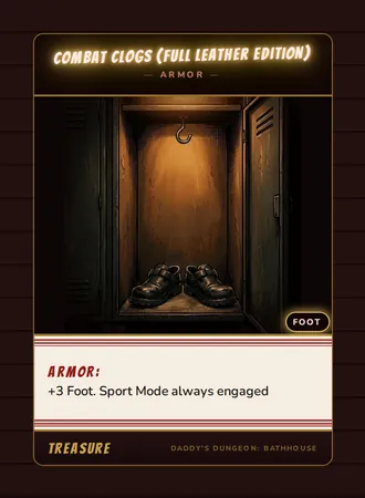 Combat Clogs (Full Leather Edition), a armor card from the Treasure deck of Daddy’s Dungeon: Bathhouse