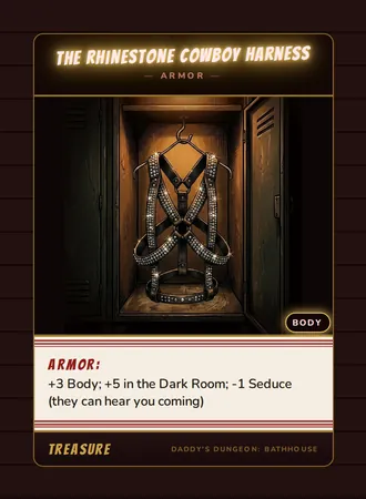 The Rhinestone Cowboy Harness, a armor card from the Treasure deck of Daddy’s Dungeon: Bathhouse