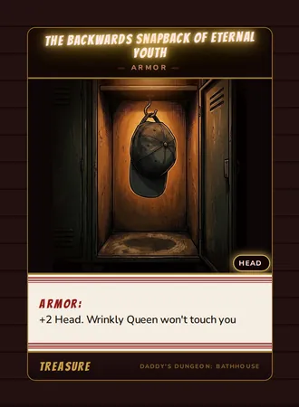 The Backwards Snapback of Eternal Youth, a armor card from the Treasure deck of Daddy’s Dungeon: Bathhouse