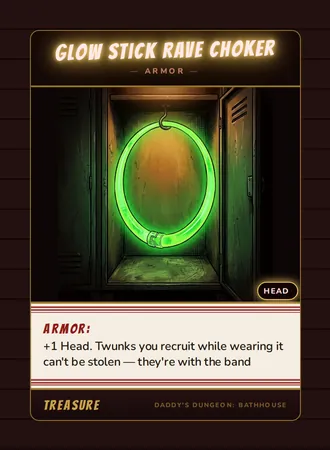 Glow Stick Rave Choker, a armor card from the Treasure deck of Daddy’s Dungeon: Bathhouse