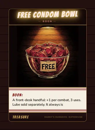 Free Condom Bowl, a boon card from the Treasure deck of Daddy’s Dungeon: Bathhouse