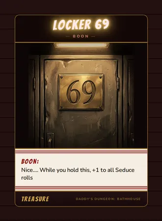 Locker 69, a boon card from the Treasure deck of Daddy’s Dungeon: Bathhouse