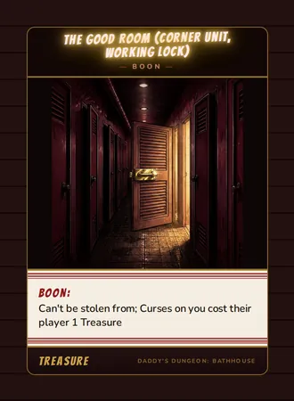 The Good Room (Corner Unit, Working Lock), a boon card from the Treasure deck of Daddy’s Dungeon: Bathhouse