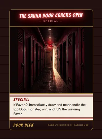The Sauna Door Cracks Open, a special card from the Door deck of Daddy’s Dungeon: Bathhouse