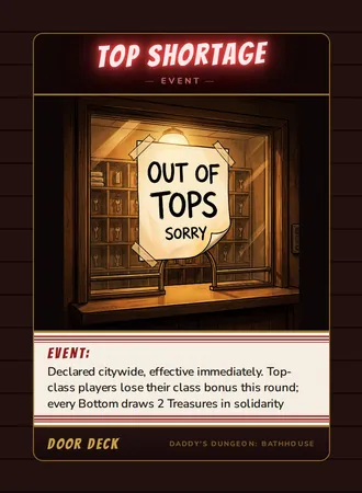 Event! Top Shortage, a event card from the Door deck of Daddy’s Dungeon: Bathhouse