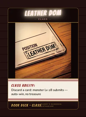 Leather Dom, a class card from the Door deck of Daddy’s Dungeon: Bathhouse