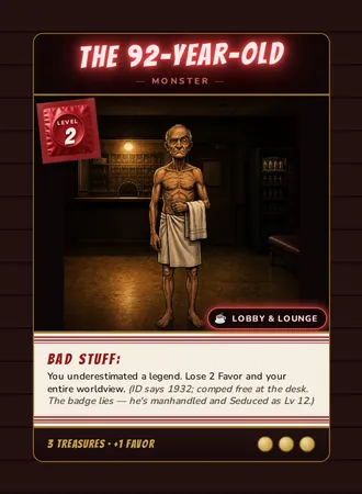 The 92-Year-Old, a Level 2 monster card set in the Lobby & Lounge, from Daddy’s Dungeon: Bathhouse
