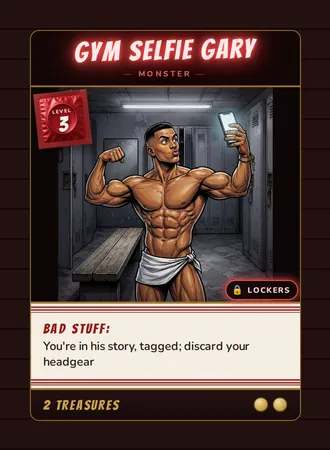 Gym Selfie Gary, a Level 3 monster card set in the Lockers, from Daddy’s Dungeon: Bathhouse