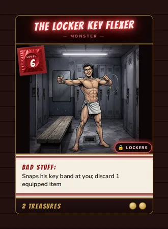 The Locker Key Flexer, a Level 6 monster card set in the Lockers, from Daddy’s Dungeon: Bathhouse