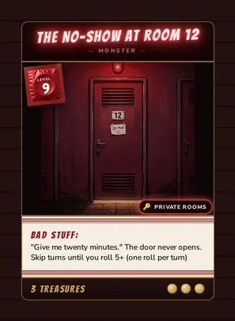 The No-Show at Room 12, a Level 9 monster card set in the Private Rooms, from Daddy’s Dungeon: Bathhouse