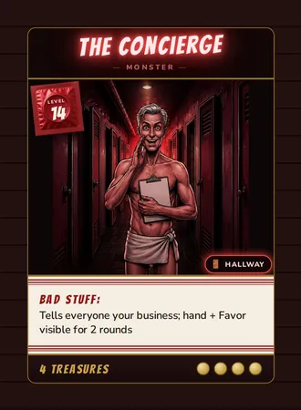 The Concierge, a Level 14 monster card set in the Hallway, from Daddy’s Dungeon: Bathhouse