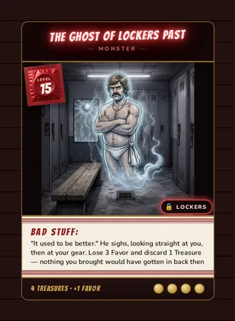 The Ghost of Lockers Past, a Level 15 monster card set in the Lockers, from Daddy’s Dungeon: Bathhouse