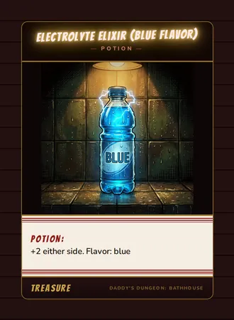 Electrolyte Elixir (Blue Flavor), a potion card from the Treasure deck of Daddy’s Dungeon: Bathhouse