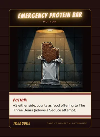 Emergency Protein Bar, a potion card from the Treasure deck of Daddy’s Dungeon: Bathhouse