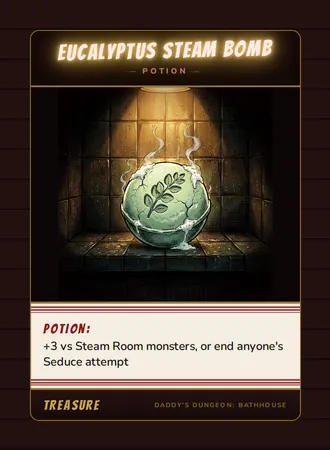Eucalyptus Steam Bomb, a potion card from the Treasure deck of Daddy’s Dungeon: Bathhouse